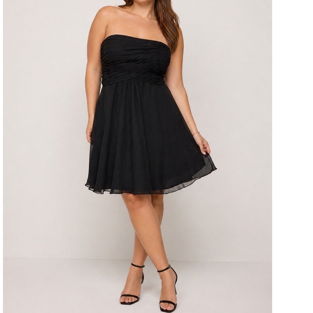 WHBM Black Strapless Mini Dress Ruched Chiffon Cocktail Party 12
